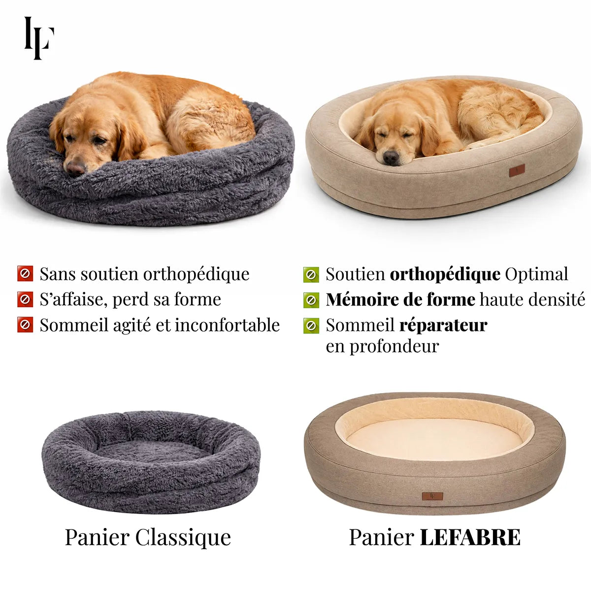 Comparaison panier pour chien classique et panier orthopédique Lefabre